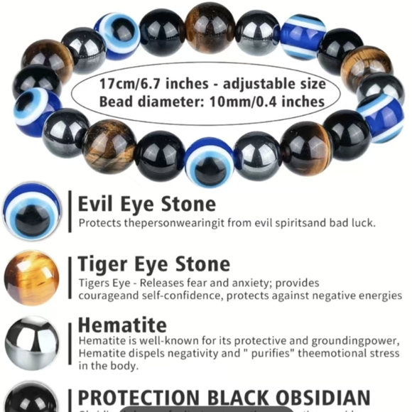 Hematite UNISEX Tiger Eye Evil Eye Stone Combination Triple Protection Bracelet - Picture 5 of 8
